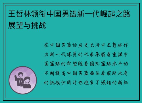 王哲林领衔中国男篮新一代崛起之路展望与挑战